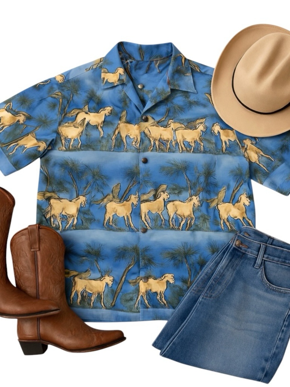 Roper Vintage Horse Print Western Shirt Blue Rodeo Cowboy Hawaiian Mens Sz L EUC